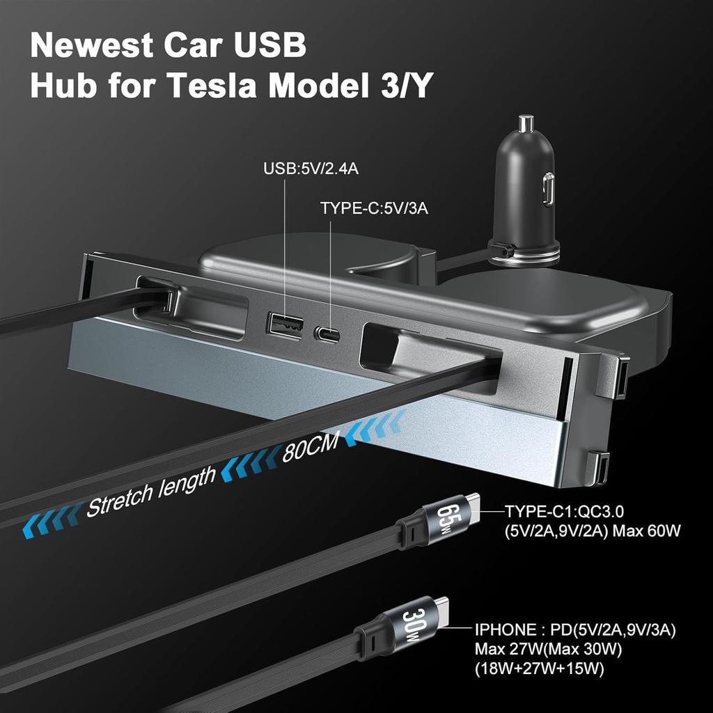 For Tesla Model Y Juniper 2026 Retractable Center Console USB Hub Model 3 Highland Phone Charger Fast Charging Docking Station