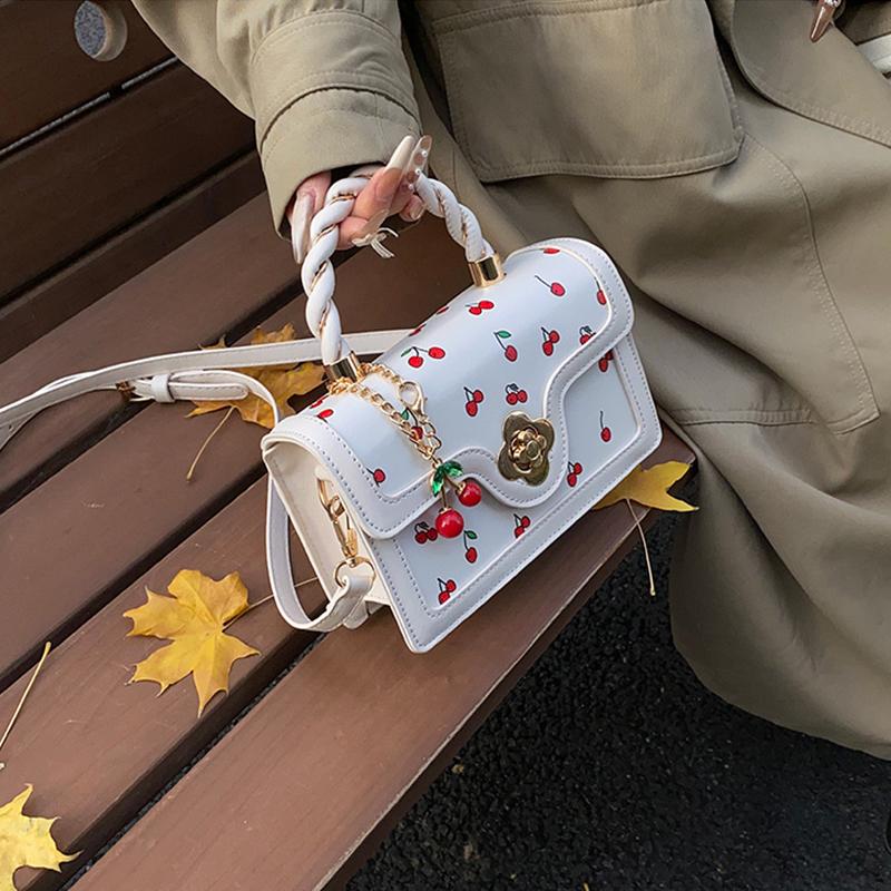 Women Cherry Square Bag PU Leather Sweet Cherry Crossbody Bag Adjustable Strap Sling Ladies Outdoor Small Handbags
