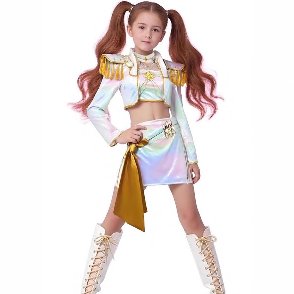 Kids Kpop Demon Hunters Zoey Rumi Mira Cosplay Costume White Golden Uniform For Children Girls Halloween Stage Performance