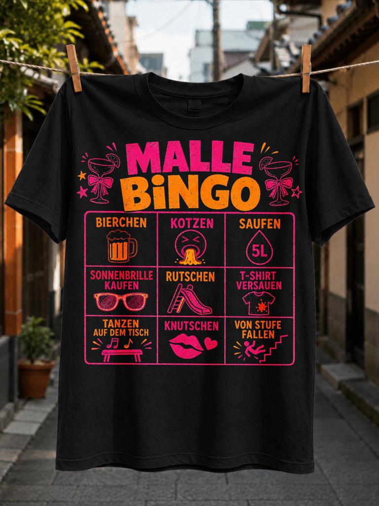 Malle Bingo with hot pink orange grid cocktails beer vomit 5L slide kissing stairs and table Unisex Unisex All T-Shirt