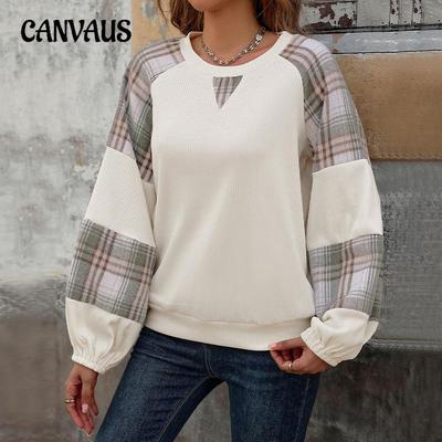 Damen-Sweatshirt in Übergröße, lässiges Oberteil, lockeres Karomuster, Colorblocking, Rundhalsausschnitt, Langarmpullover