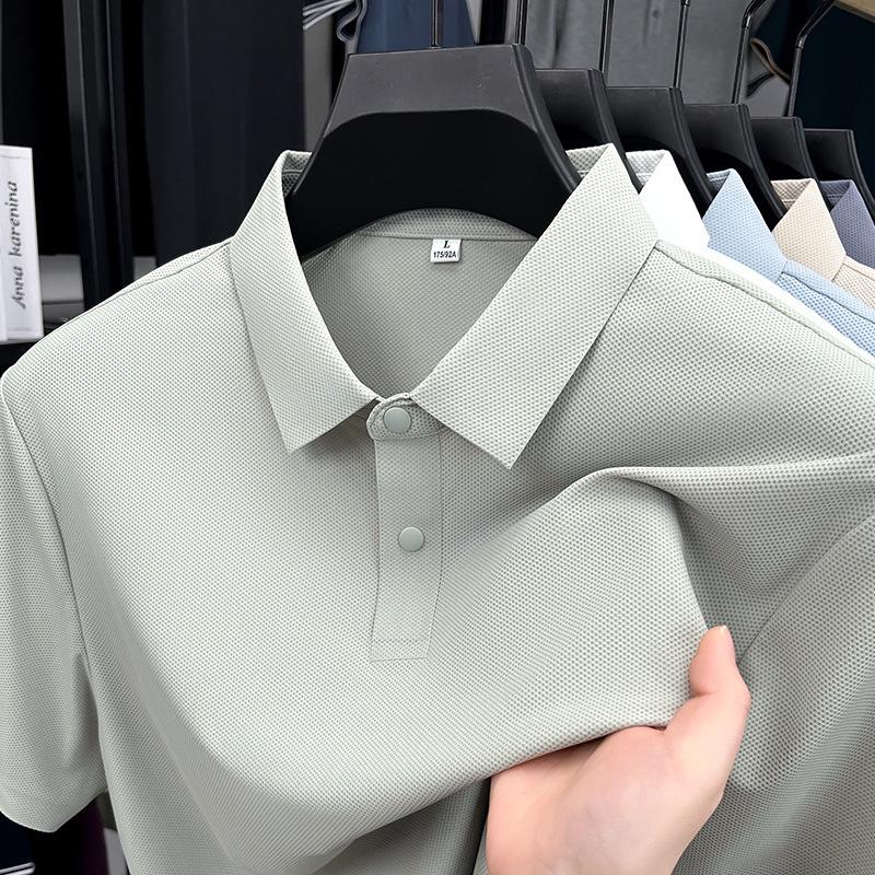 Men's High-End Ice Silk Short Sleeve Polo Shirt - Seamless Chinlon Spandex Turn-Down Collar Summer Top