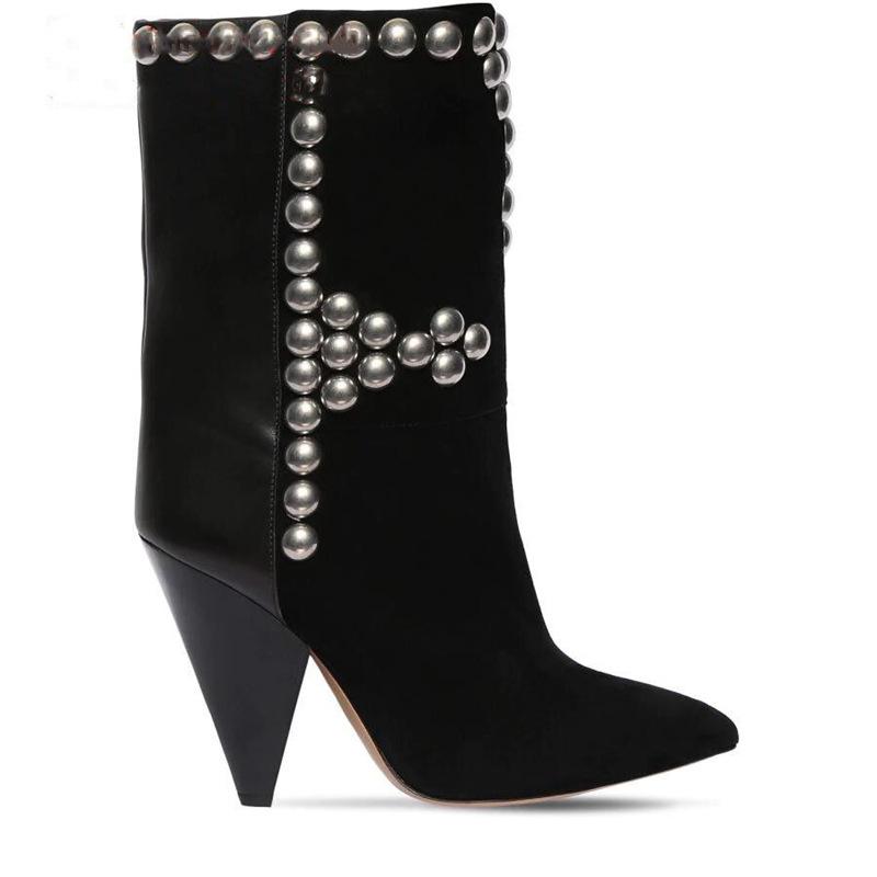 Fashion Brand Rivet Inlaid Women's Knee High Boots Cowhide Suede Stage Show Ankle Boots Fashionable Sexy Autumn  Winter Womans Shoes