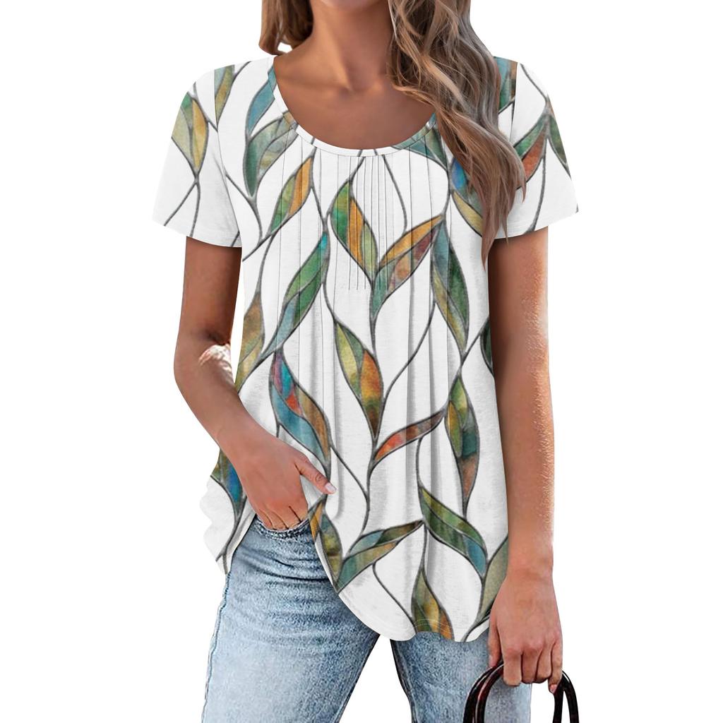 Womens Flowy Tunic Tops Short Sleeve Shirts Round Neck Ladies Blouses Summer Fashon