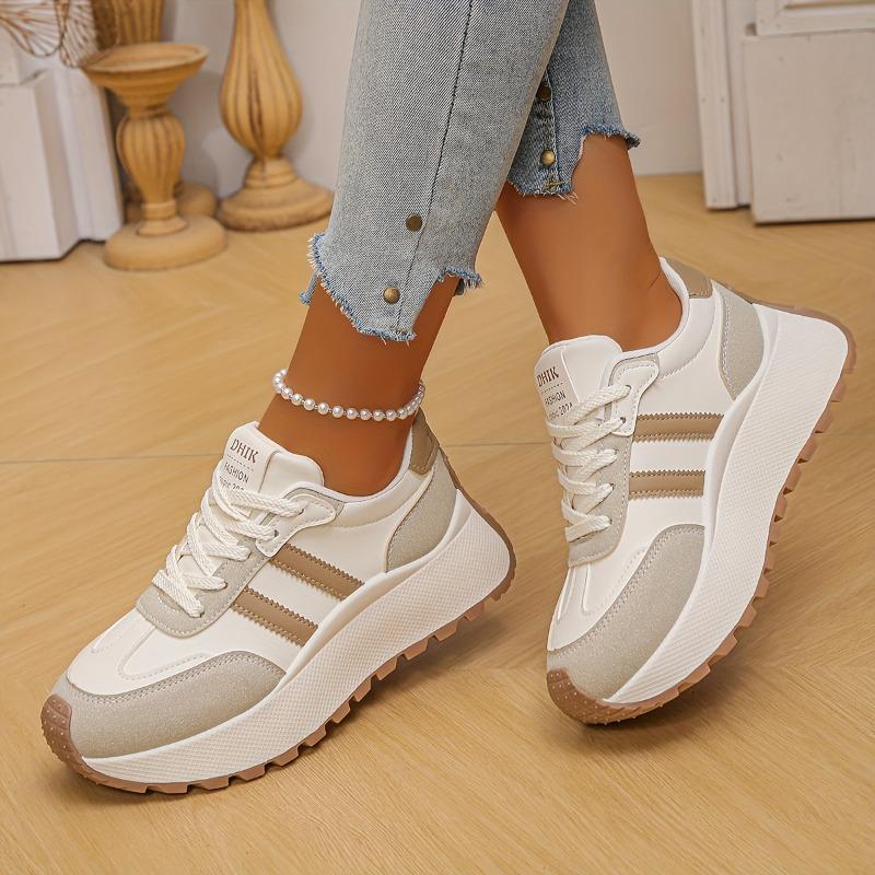 Women's Low-Top Sneakers - White & Beige Lace-Up Shoes, Synthetic Cover Upper, Cushioned Rubber Sole for Everyday & Formal Outfits - Fall Shoes