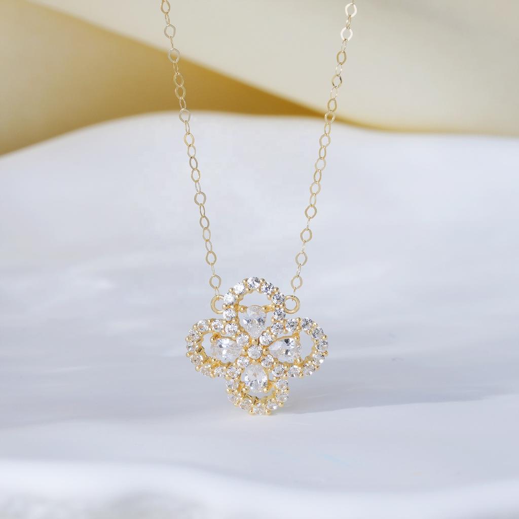 Custom 18K 14K 10K 9K Gold Jewelry Pendant Necklace with Diamond Flower and Water Drop Zircon Leaf Clover Cross Link Chain