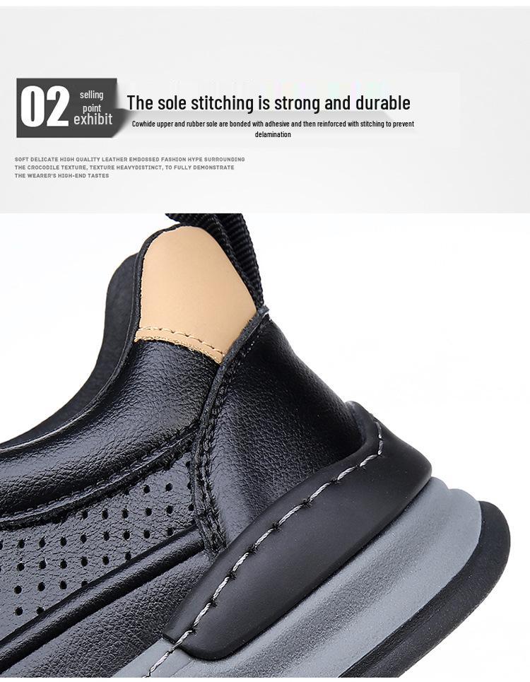 Men's Genuine Leather Crooked Head White Sneakers - Spring, Versatile, Thick Sole, Breathable, Hollow Casual Board Shoes