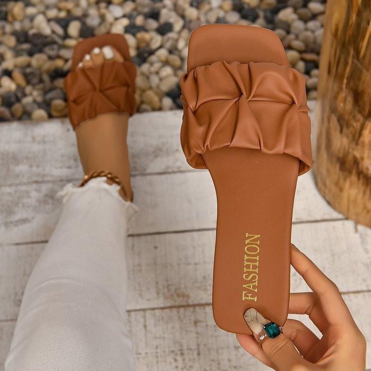 Women's Shoes Summer Fashion Casual Pleated Flat Slippers Korean Style Large Size Square Toe Lightweight Comfortable Sandals