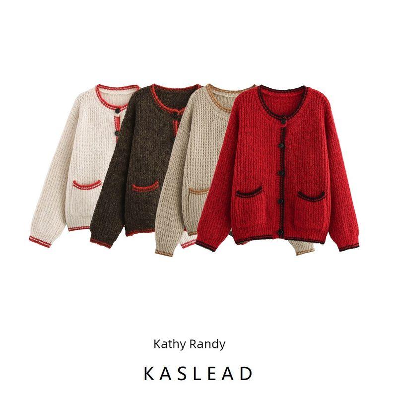 Kaslead New Arrival Women's Clothing Fashion Style Minimalist Retro Color-Block Crew Neck Knitting Cardigan Outerwear Top