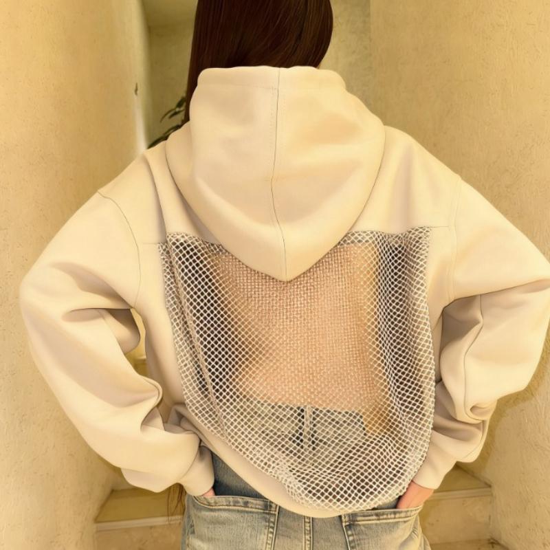 Hooded Harajuku Sweatshirt Women Autumn Trend Backless ShinyThrea Mesh Patchwork Casual Street Hipster Pulloverr