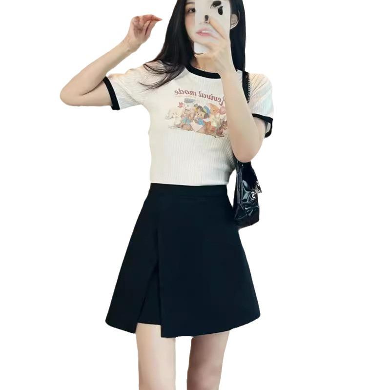 Kadınlar İçin 2024 Siyah Yüksek Bel A Kesim Etek Açık Bacak Yırtmaçlı