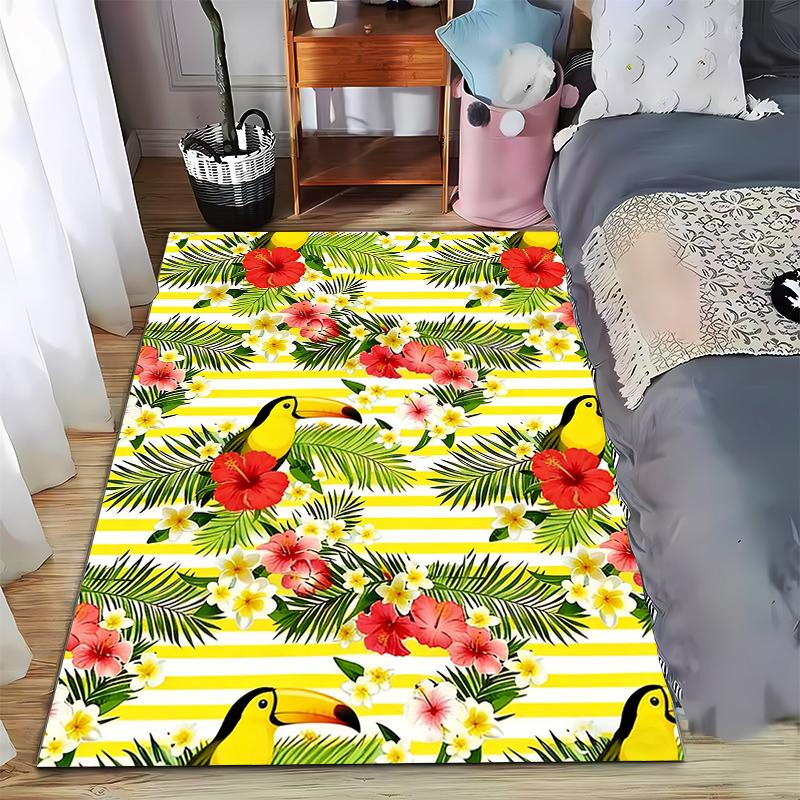 Tropical Toucan Carpet with Hibiscus Flowers and Yellow Stripes Suitable for use as an anti-slip for living room bedroom sofas 40x60cm( 15x23in )