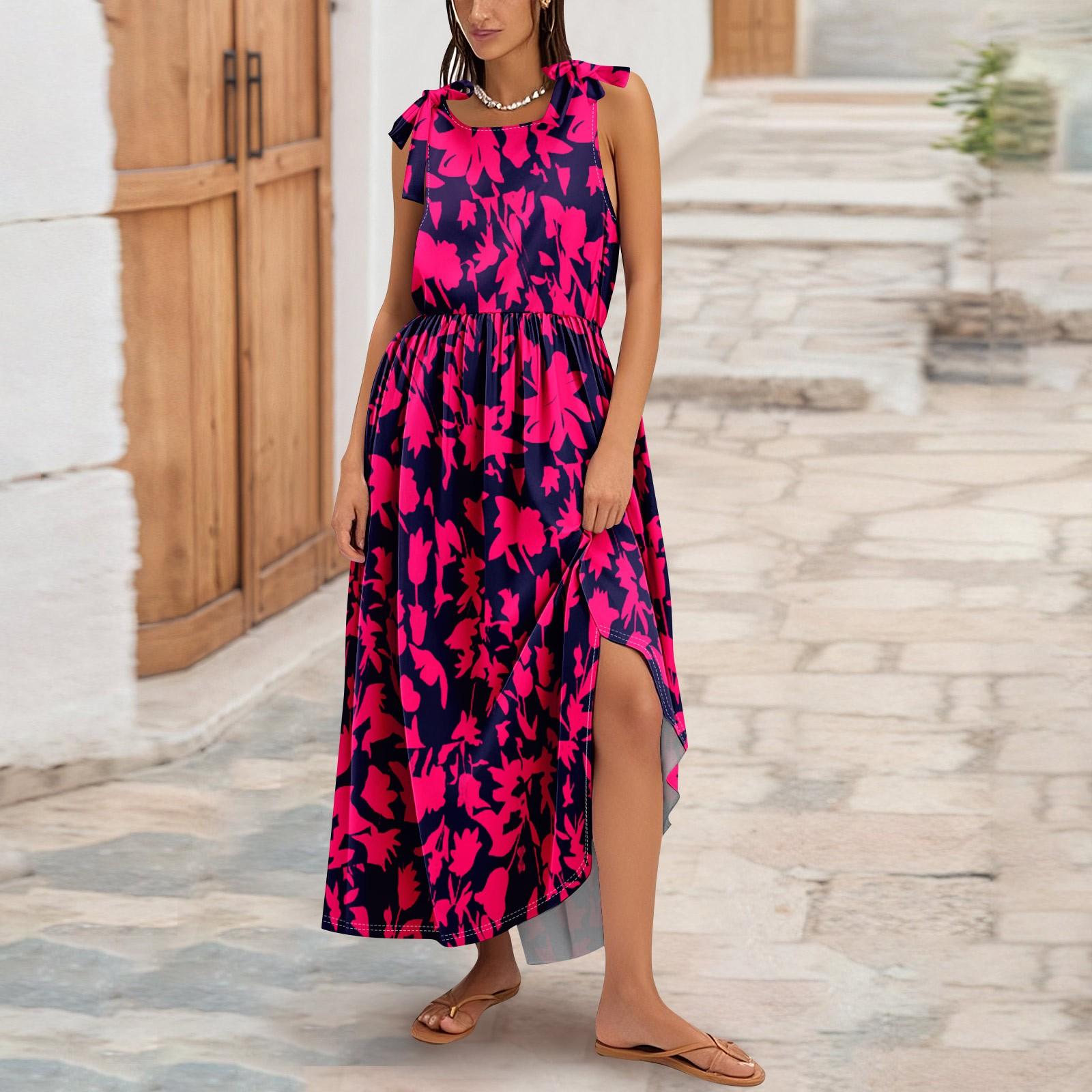 

Женское летнее модное платье-майка А-силуэта без рукавов повседневное платье с цветочным принтом/однотонными карманами XL винный