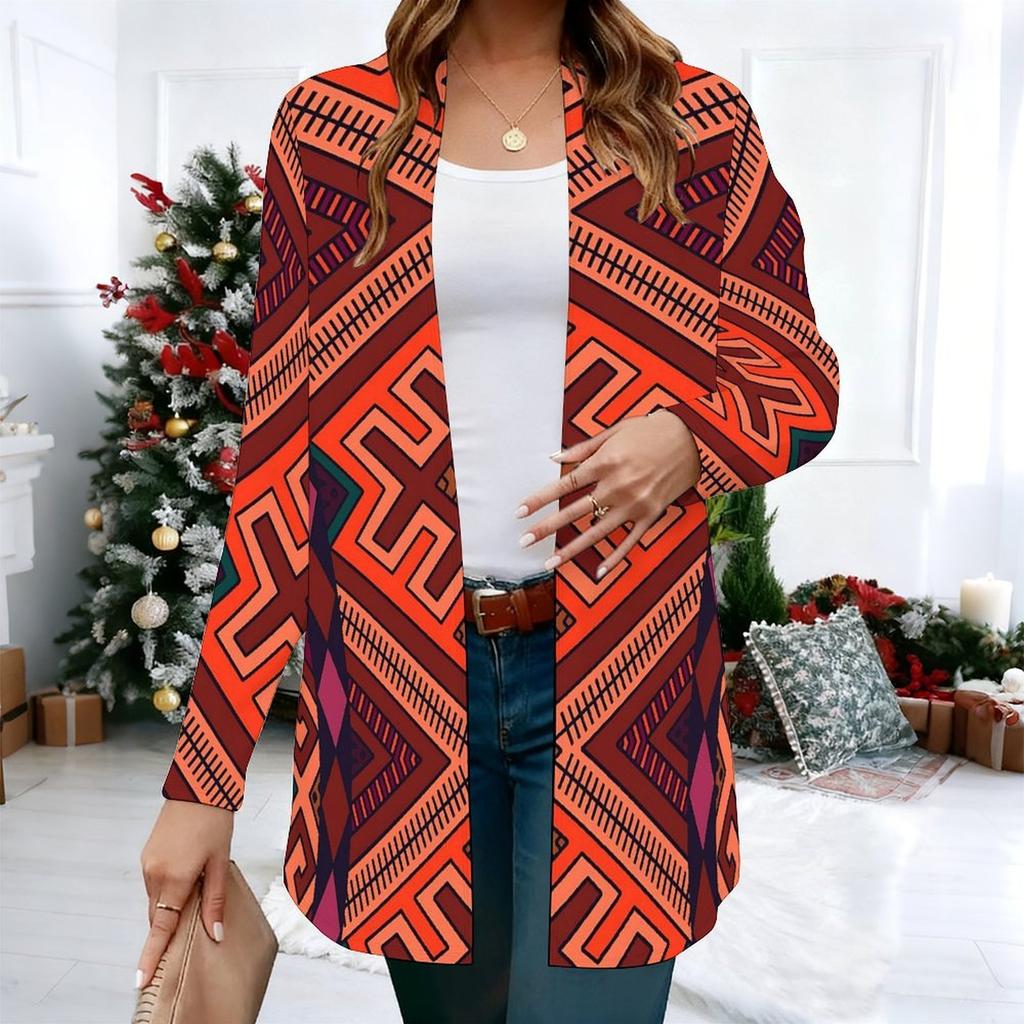 Women's Retro Kilim Motif 3D Print Long Sleeve Open Front Cardigan, Casual Loose Fit Lightweight Street Style Outerwear