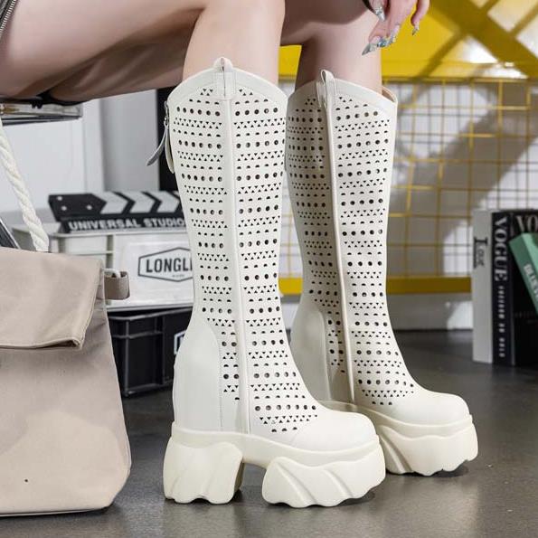 Fashion 12CM Ankle Boots Microfiber Leather Spring Summer Fashion Knee High Booties Platform Wedge Flats Sandals Women Hidden High Shoes