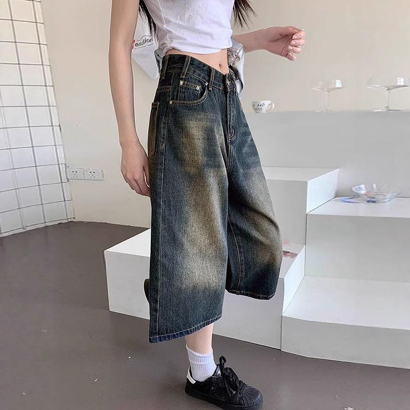 Vintage Farbverlauf Weitbeinige Culottes Amerikanischer Retro Gewaschene Lockere Shorts Hosen Jeans Damen Sommer Hohe Taille Weite Hosen Freizeithosen Mittellange Hosen