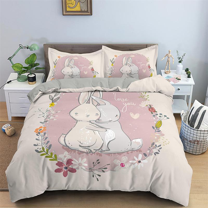 Cartoon Rabbit Bedding Set For Boys Girl Teen Botanical Plant Duvet Cover Microfiber Kawaii Bunny Comforter Cover Bedroom Decor