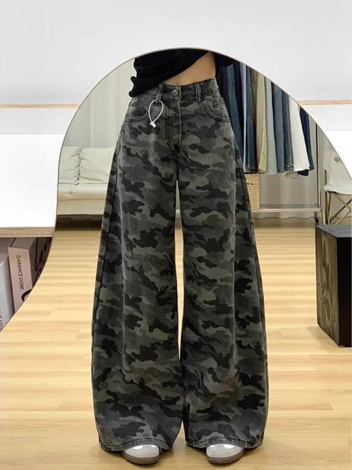 

Plus Size Women s Camo Workwear Denim Jeans - Summer Wide Leg, Slimming Fit, Floor Length Pants for Pear Shaped Body L камуфляжный