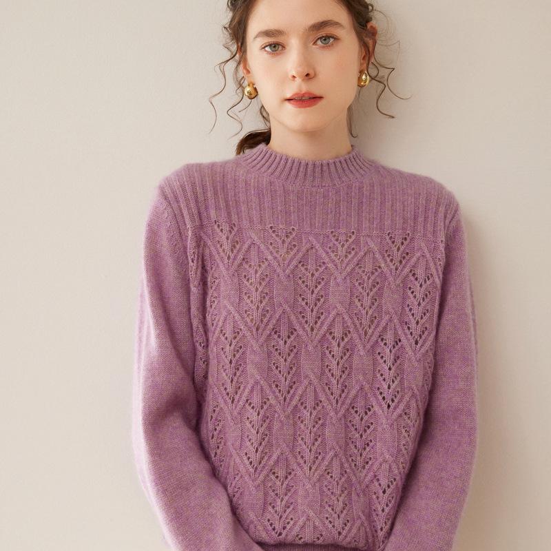 Women's 2025 Autumn/Winter Cashmere Sweater: Half-High Collar, Thick Knitwear, Hollow-Out Design