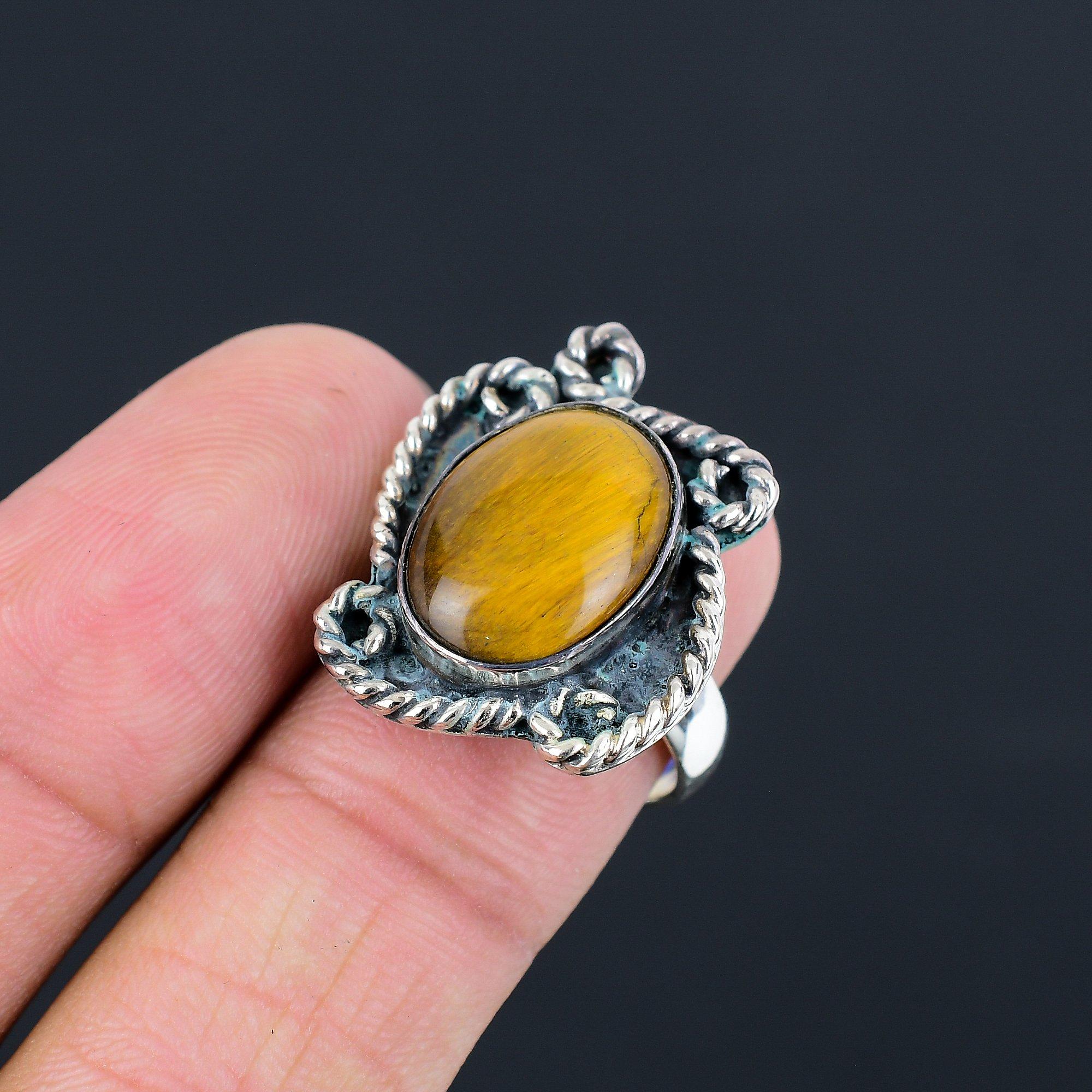 Tiger Eye Stone 925 Silver Mother Wedding Statement Promise Ring Jewelry US 8 8