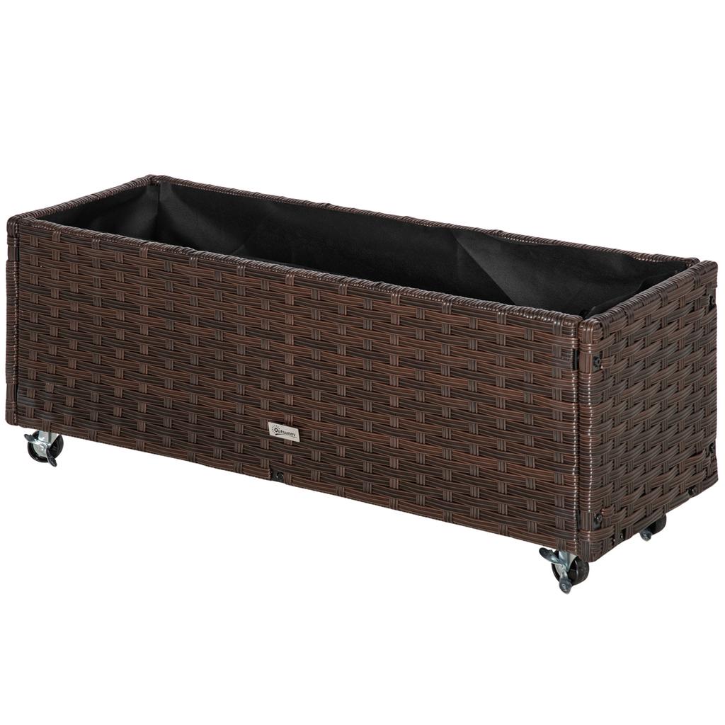 Raised Bed Poly Rattan with Wheels Planter Box with Drainage Holes Flower Box Flower Pot Coffee-Brown 94.5 X 31 X 36 Cm