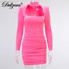Samt Damen Rollkragen Langarm Mini Kleid Gerafft Ausgeschnitten Schulterpolster Bodycon Sexy Club Party Elegant