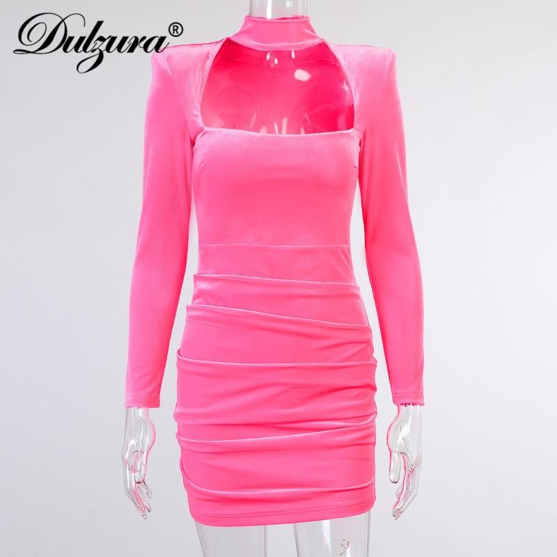 Samt Damen Rollkragen Langarm Mini Kleid Gerafft Ausgeschnitten Schulterpolster Bodycon Sexy Club Party Elegant