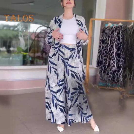 2-teiliges Set mit Hemd und Hose für Damen, Umlegekragen, einreihig, Blätterdruck, lange Ärmel, lockeres Oberteil in mittlerer Länge, elastische Taille, Hose mit weitem Bein, Sport