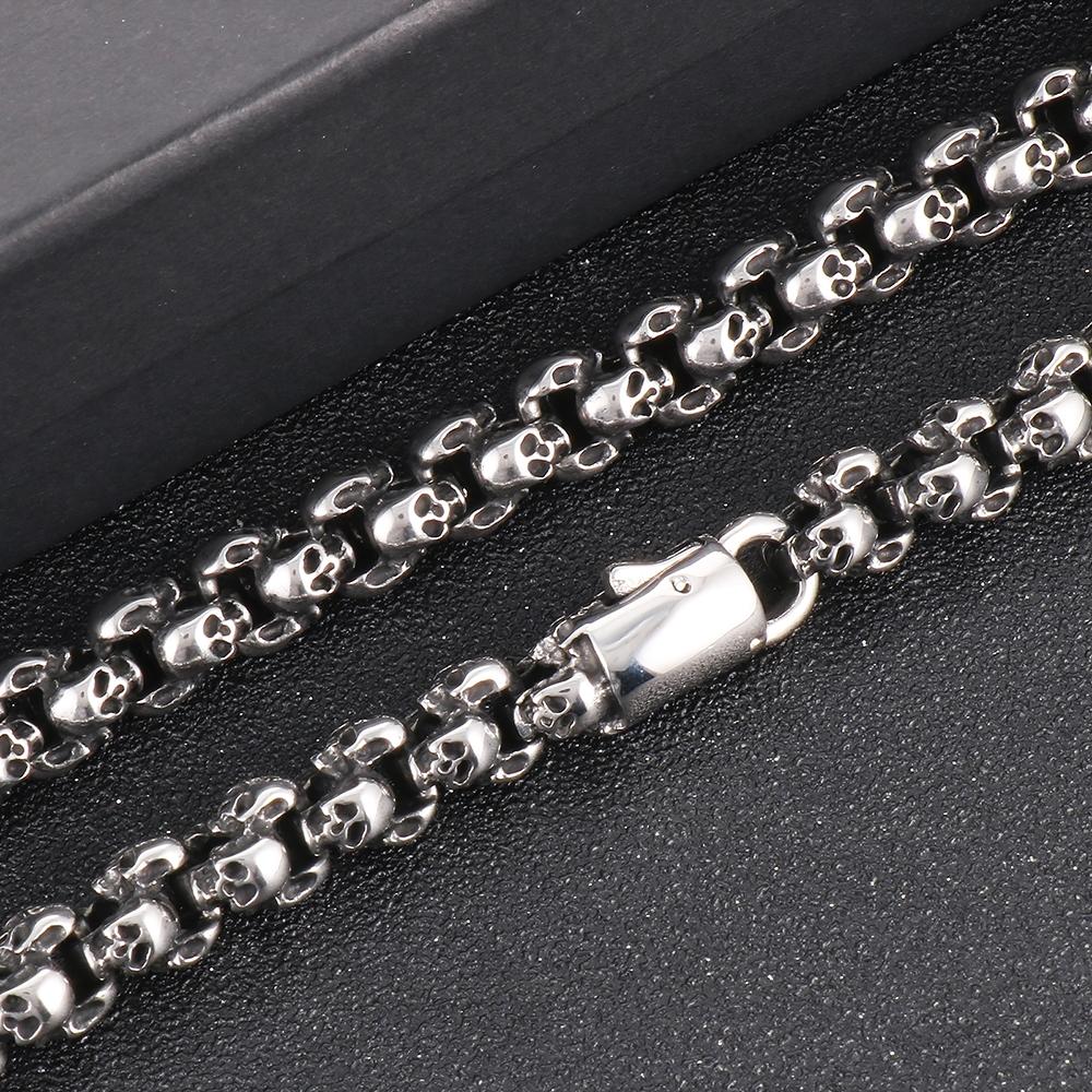 Punk Gothic Herren Halskette mit allen Totenkopfköpfen Gliederkette Massiver Edelstahl Skelett Schmuck 50-70CM Lange Halsketten Halsband für Männer