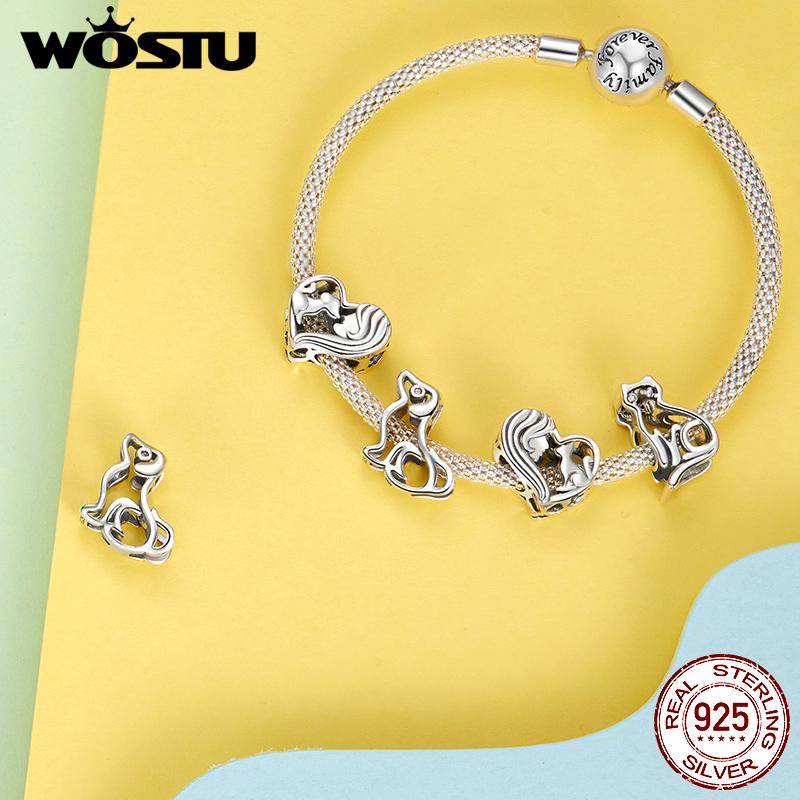 WOSTU 925 Sterling Silver Hollow Cat Dog Charms Bead Cute Pet Paw Dachshund Pendant Fit Original Bracelet Neckalce DIY Girl Gift