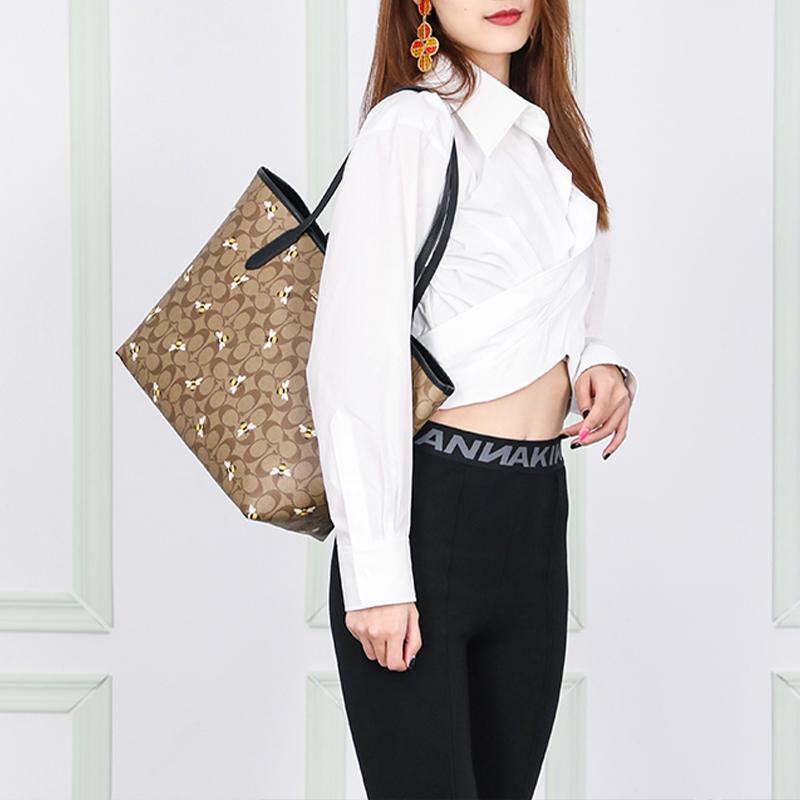 New COACH City Canvas With Leather Tote Bag Shopping Bag Handbag Shoulder Bag Women's Khaki Bee Print Patch C8590-IME7V
