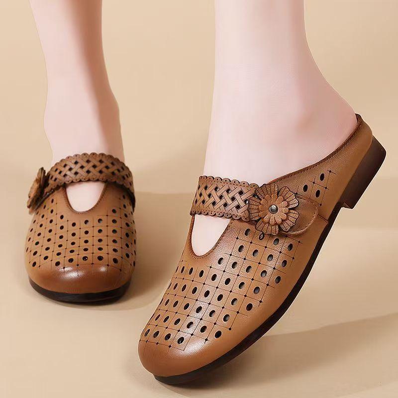 Damen Sommer Leder Ausgeschnitten Baotou Hausschuh Weiche Sohle Rutschfest Blume Retro Outdoor Halbschuh Flache Sohle Runde Zehen Sandale