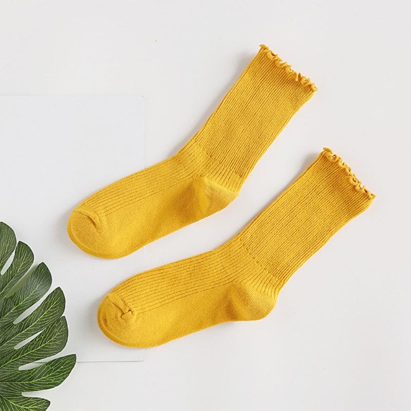 Ruffle Ankle Socks for Women Cotton Soft Solid Color Ribbed Knitted Lettuces Edge Low Cut Middle Tube Frilly Crew Socks