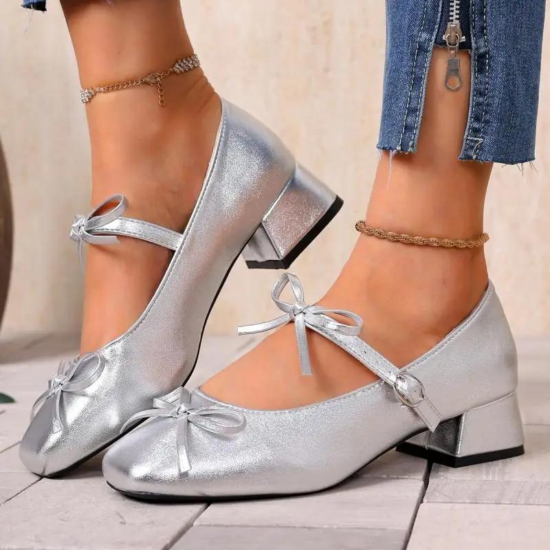 Retro Bowknot Decoration Red Mary Jane Shoes Women 2025 Summer Medium Heel Sandals Sweet Lacquer Leather Party Dress Shoes