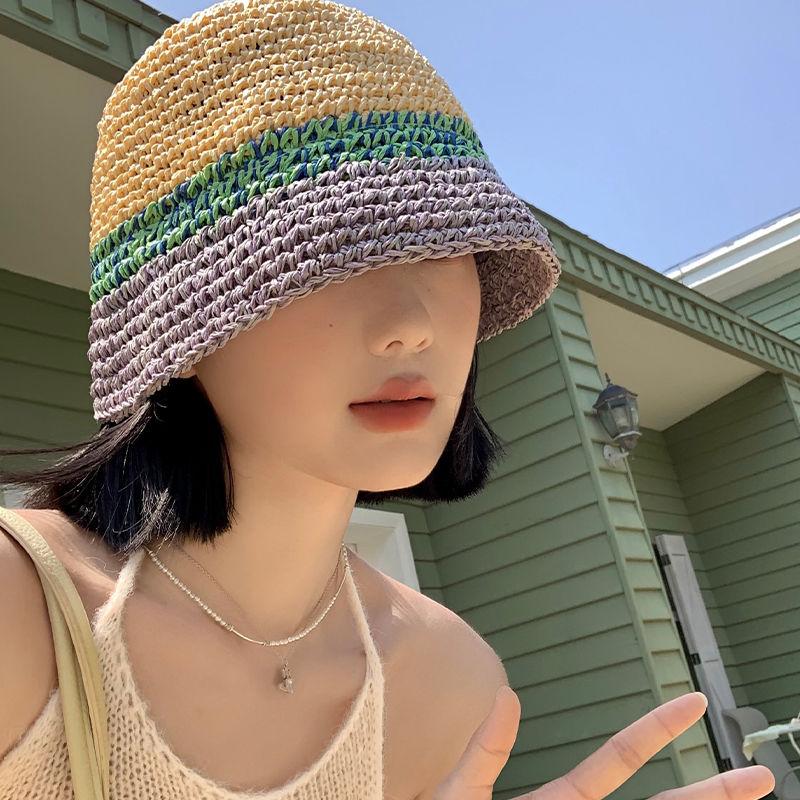 Color Matching Hat Women's Summer Breathable Sunshade Straw Woven Sunscreen Hat Travel Bucket Hat