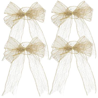 4pcs Golden Christmas Bows Glitter Large Ribbon Craft For Tree Wreath Garland Treetopper Holiday Indoor Outdoor Decor Party