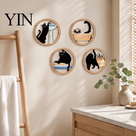 Rounded Corner Wood Art 4 Pcs Minimalist Black Cat Wall Art, Geometric Round Circle Wooden Non-toxic Coating Decor, Abstract Hanging Sign for