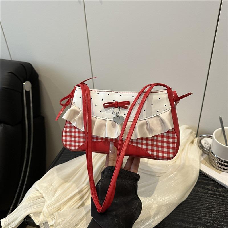 Cute Lace Bow Splicing Armpit Bag, New Girl Travel Polka Dot Single Shoulder Oblique Span Bag