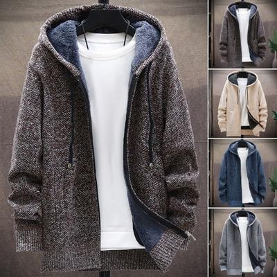 Winter Men Jacket Thickened Fleece Hooded Drawstring Zip-up Long Sleeves Sweater Coat Pockets Elastic Cuff Retro Knitted Daily Wear Outerwear Jacket