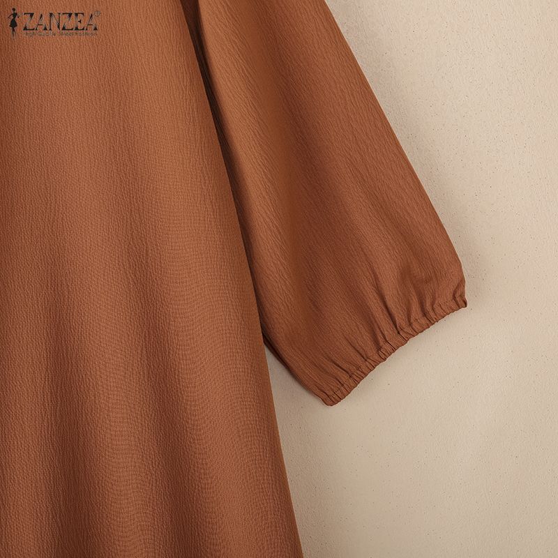 ZANZEA Women Casual V-Neck Solid Color 3/4 Sleeve Dress