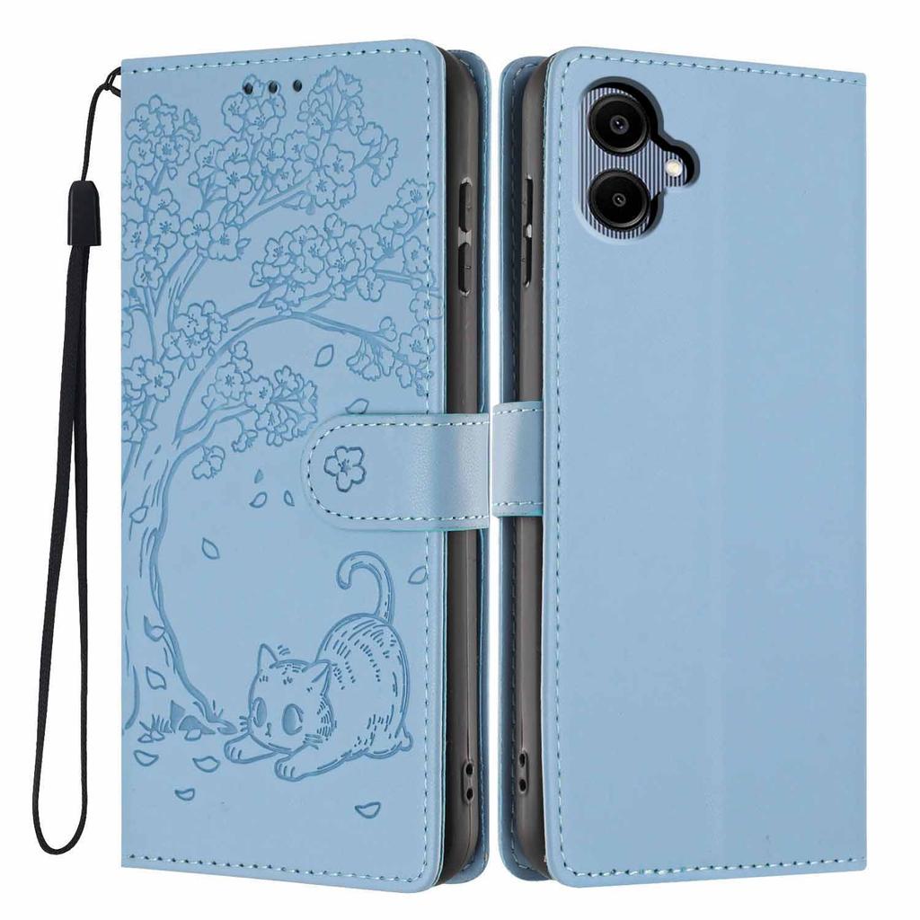 For Samsung Galaxy A06 4G Stand Case Tree-and-Cat Pattern PU Leather Wallet Protective Phone Cover with Wrist Strap