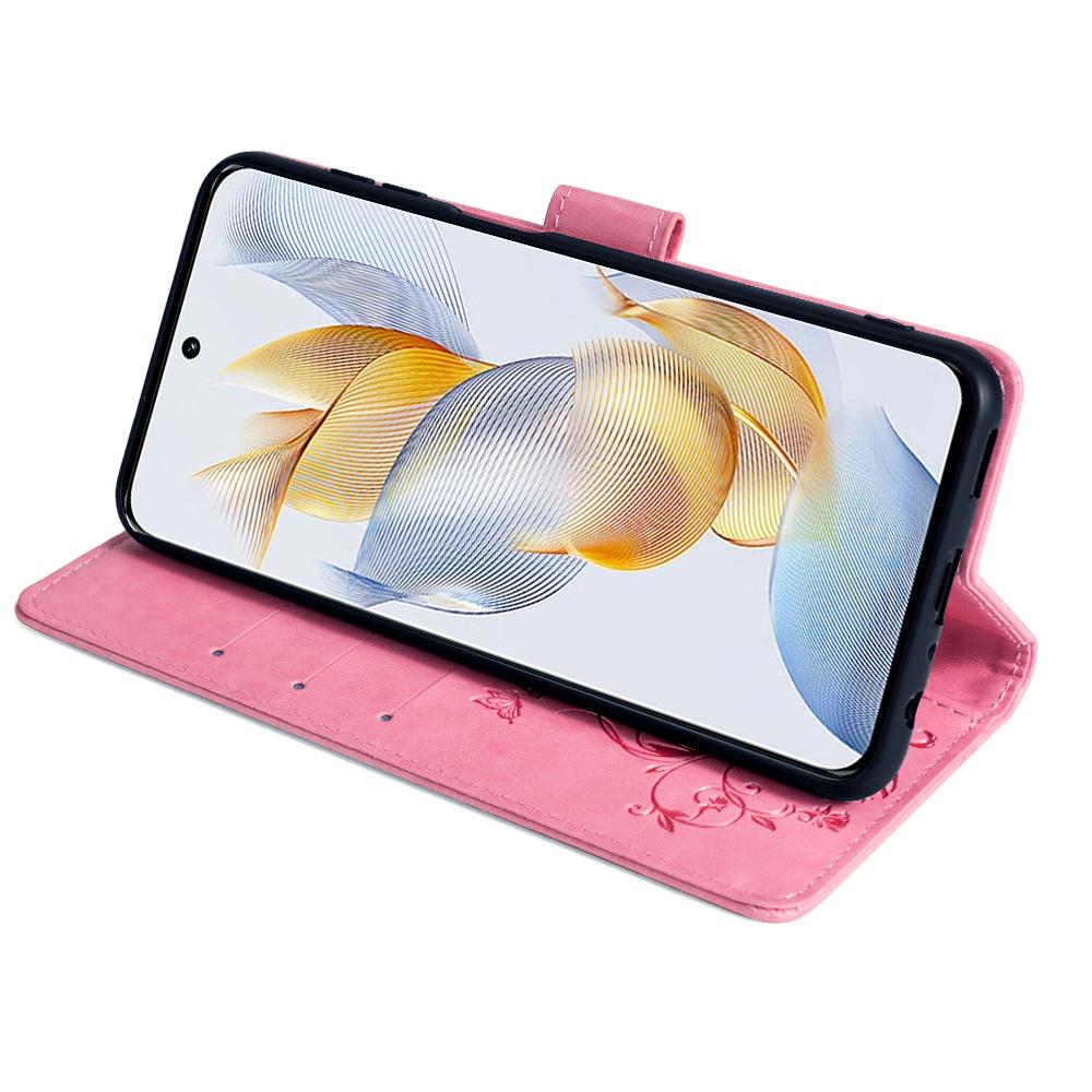 For Honor 90 Case Butterfly Flower PU Leather Stand Phone Cover with Wrist Strap Card Slots