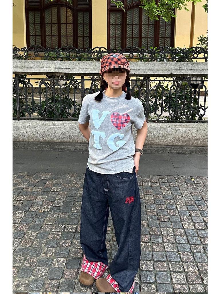 Męskie Jesienne Dżinsy w Kratę z Szerokimi Nogawkami, Podwinięte - Luksusowe, Luźne, Proste