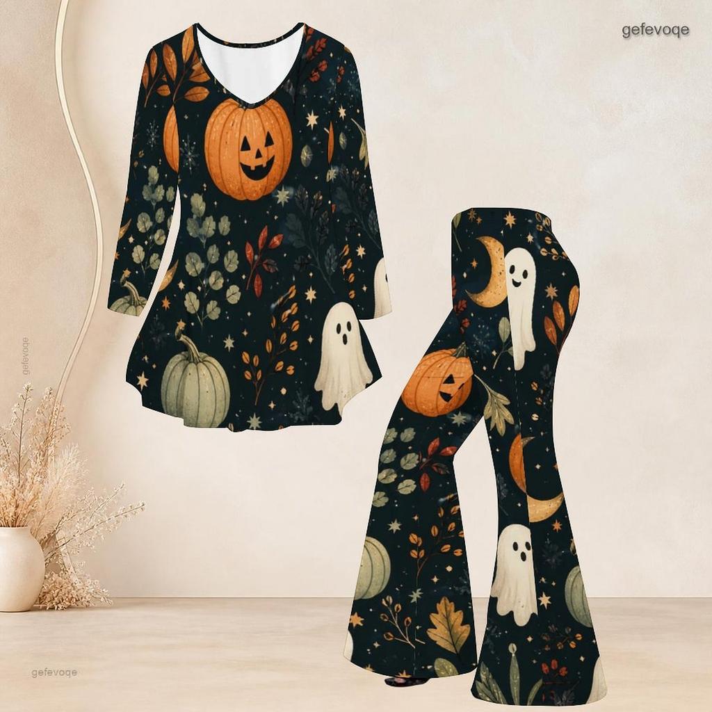 Women Plus Size Halloween Dachshund Printed V Neck Three Quarter Sleeve Flared Top Flared Pants Two Piece Set