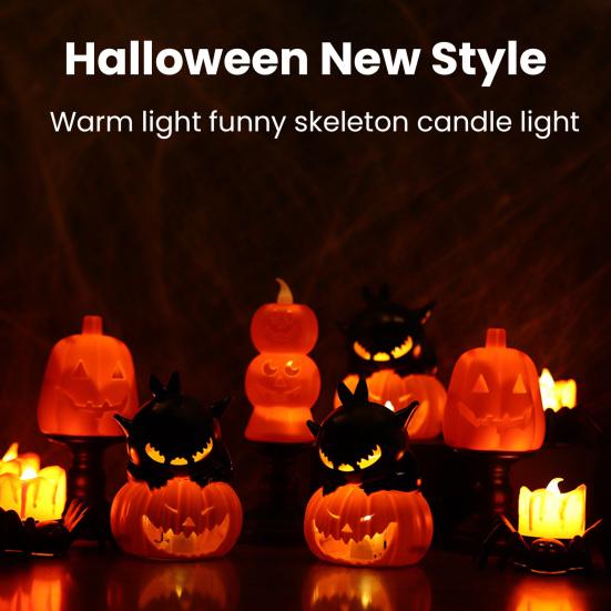 Halloween Lamp Decoration Light-up Black Cat on Pumpkin Statue Spooky Eyeball/Skull/Pumpkin Candle Holder with LED Light for Halloween Tabletop Decor