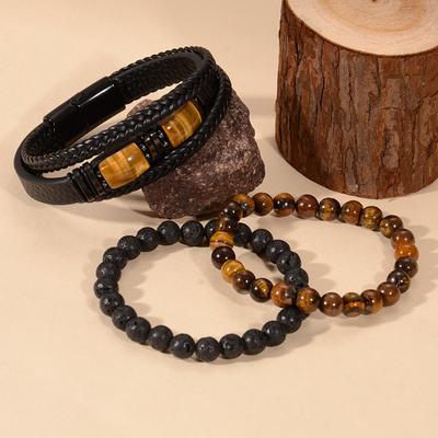 Tiger Eye Stone Bracelet Volcanic Stone Bracelet Fashionable Versatile Leather Men's Set