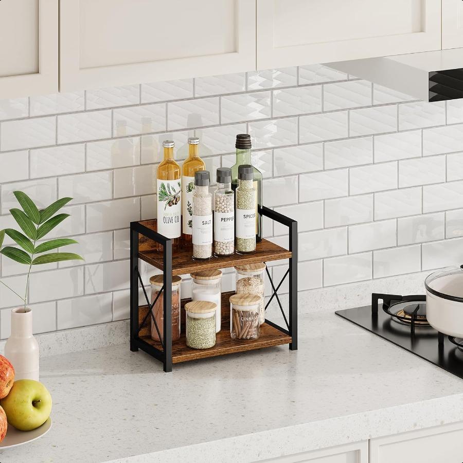 

2-ярусный кухонный органайзер для специй для столешницы, деревянная полка-органайзер для кофейного столика для дома, рустикально-коричневый United States