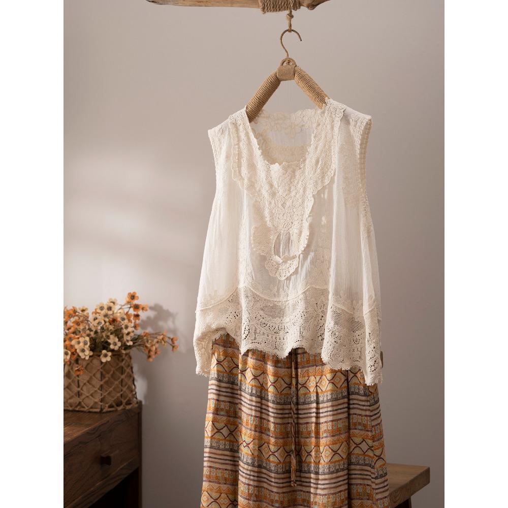 DIMANAF 2026 Vest T-Shirt Women Lace O-Neck Hollow Summer Style Basic Tops New Tees Loose Vest