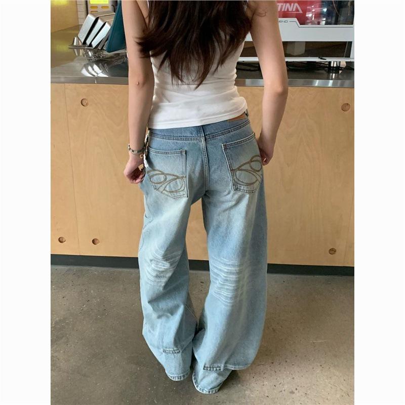 Women s Wide-Leg Embroidered Pocket Jeans - Loose, Slimming, Straight Fit, Floor-Length for Autumn M