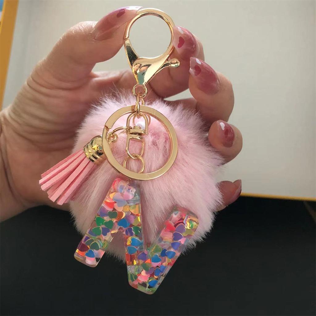 Trend Acrylic Pink Pompom Glitter 26 Initials Letter Keychain With Fluffy Resin Alphabet Charms Key Pendant Party Gift